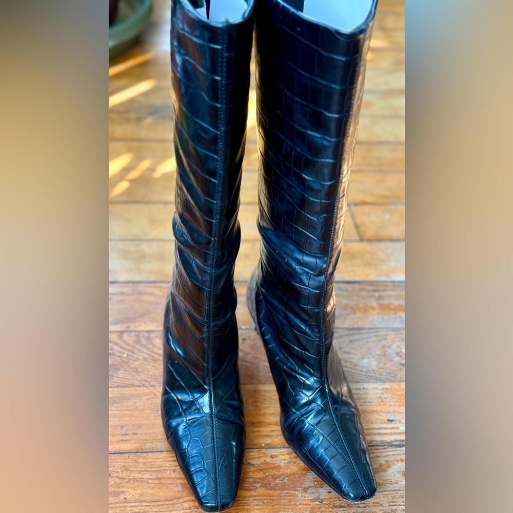 Black Faux Croc-Embossed Knee-High Boots